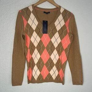 NEW Tommy Hilfiger Camel Tan Argyle Sweater V Neck Golf Caddyshack Sporty Preppy